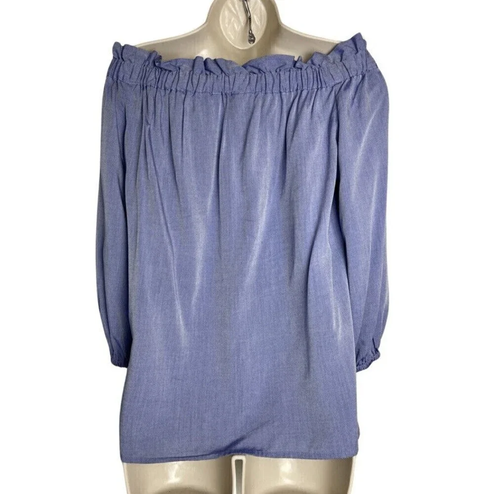 Banana Republic Womens Blue Chambray Off The Shoulder Top Size S Puff Sleeve